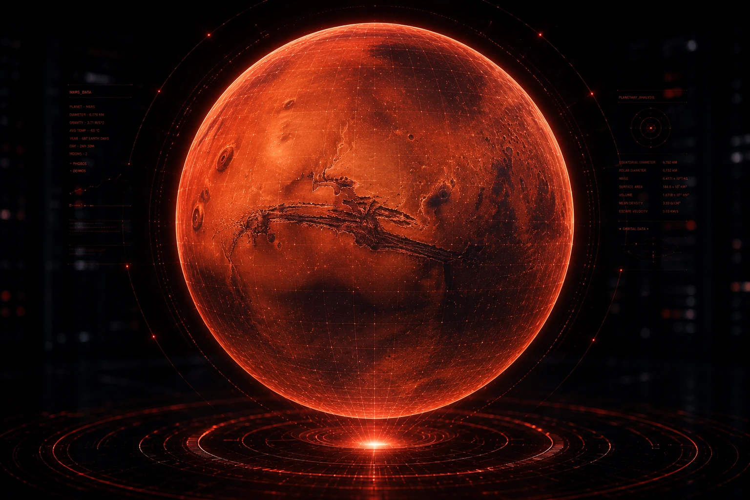 Mars represented as a luminous planetary analysis hologram